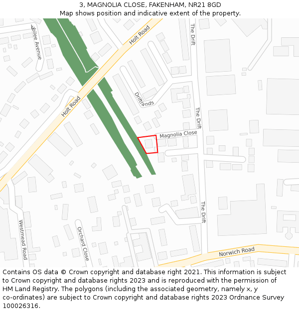 3, MAGNOLIA CLOSE, FAKENHAM, NR21 8GD: Location map and indicative extent of plot