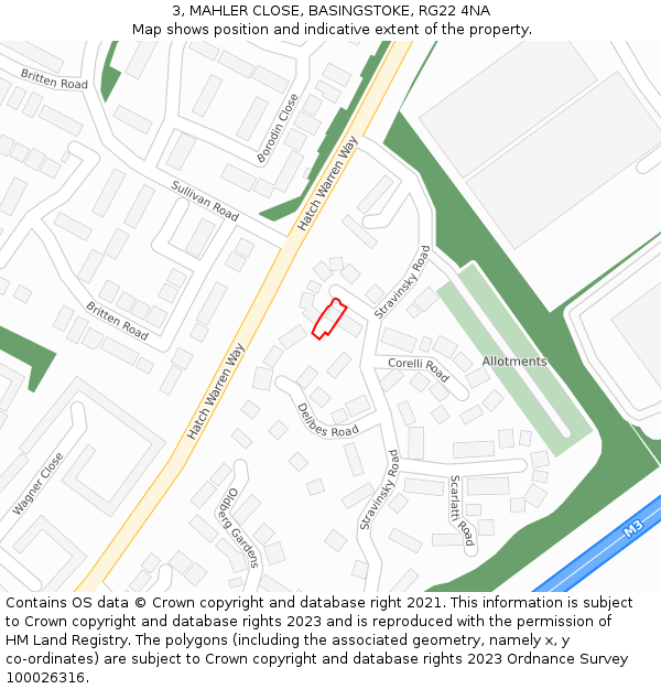 3, MAHLER CLOSE, BASINGSTOKE, RG22 4NA: Location map and indicative extent of plot