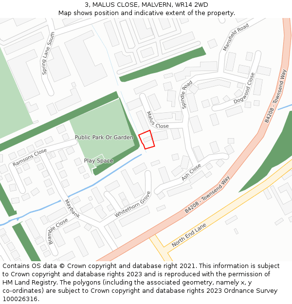 3, MALUS CLOSE, MALVERN, WR14 2WD: Location map and indicative extent of plot