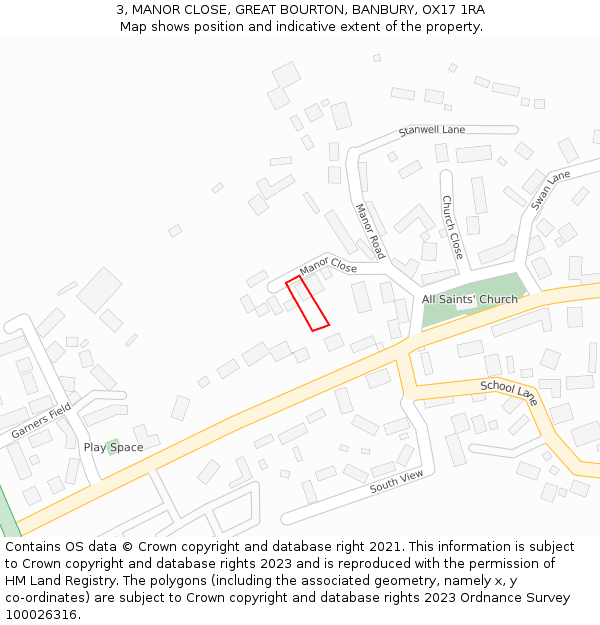 3, MANOR CLOSE, GREAT BOURTON, BANBURY, OX17 1RA: Location map and indicative extent of plot