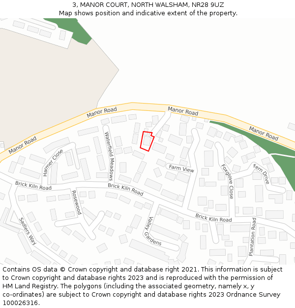 3, MANOR COURT, NORTH WALSHAM, NR28 9UZ: Location map and indicative extent of plot