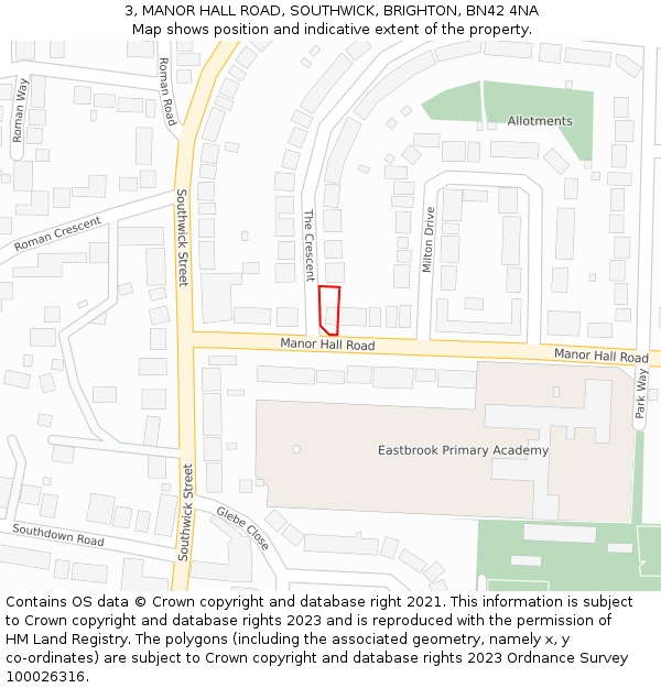 3, MANOR HALL ROAD, SOUTHWICK, BRIGHTON, BN42 4NA: Location map and indicative extent of plot