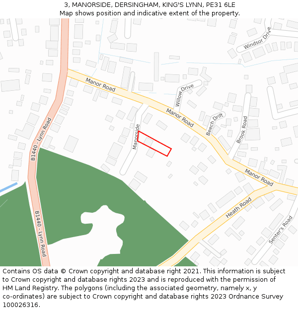 3, MANORSIDE, DERSINGHAM, KING'S LYNN, PE31 6LE: Location map and indicative extent of plot