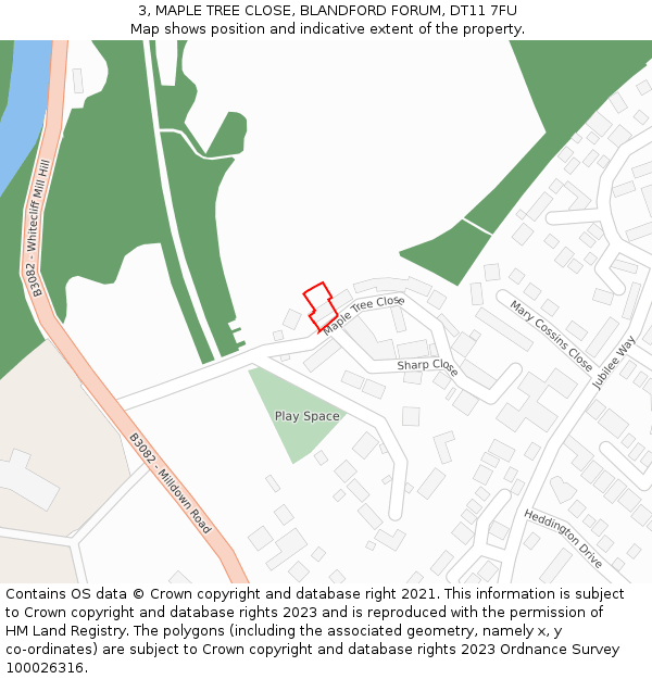 3, MAPLE TREE CLOSE, BLANDFORD FORUM, DT11 7FU: Location map and indicative extent of plot