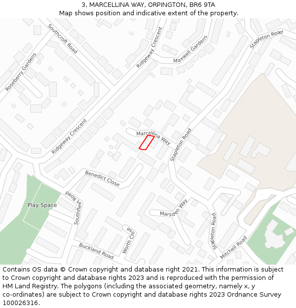 3, MARCELLINA WAY, ORPINGTON, BR6 9TA: Location map and indicative extent of plot