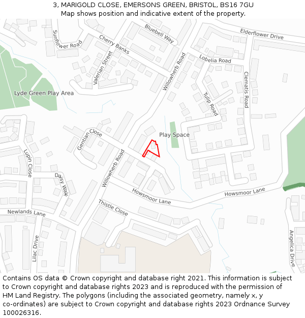 3, MARIGOLD CLOSE, EMERSONS GREEN, BRISTOL, BS16 7GU: Location map and indicative extent of plot