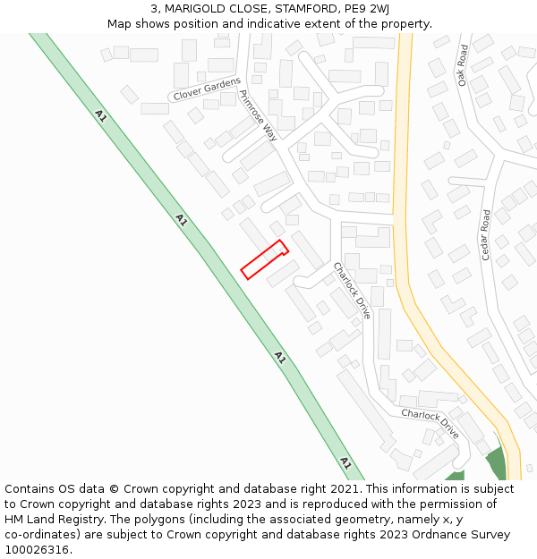 3, MARIGOLD CLOSE, STAMFORD, PE9 2WJ: Location map and indicative extent of plot