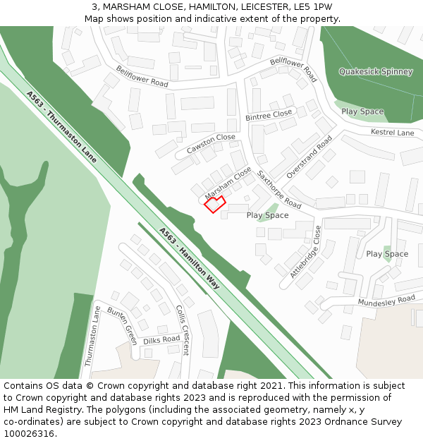 3, MARSHAM CLOSE, HAMILTON, LEICESTER, LE5 1PW: Location map and indicative extent of plot