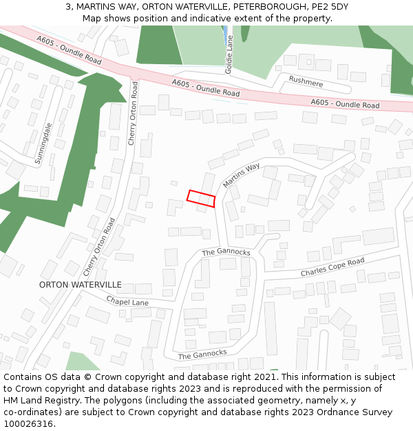 3, MARTINS WAY, ORTON WATERVILLE, PETERBOROUGH, PE2 5DY: Location map and indicative extent of plot