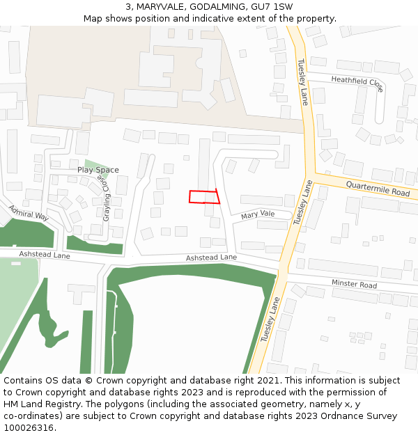 3, MARYVALE, GODALMING, GU7 1SW: Location map and indicative extent of plot