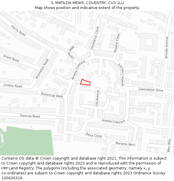 3, MATILDA MEWS, COVENTRY, CV3 1LU: Location map and indicative extent of plot