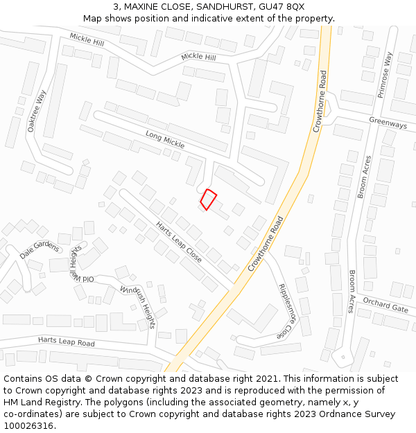 3, MAXINE CLOSE, SANDHURST, GU47 8QX: Location map and indicative extent of plot