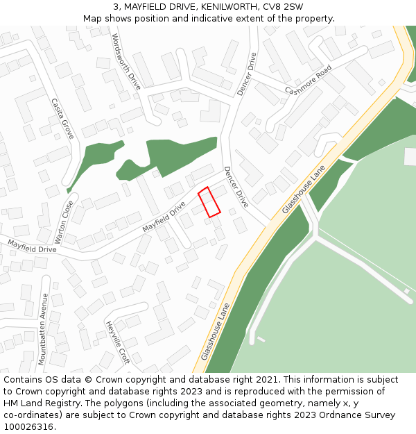 3, MAYFIELD DRIVE, KENILWORTH, CV8 2SW: Location map and indicative extent of plot