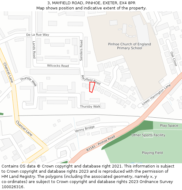 3, MAYFIELD ROAD, PINHOE, EXETER, EX4 8PR: Location map and indicative extent of plot