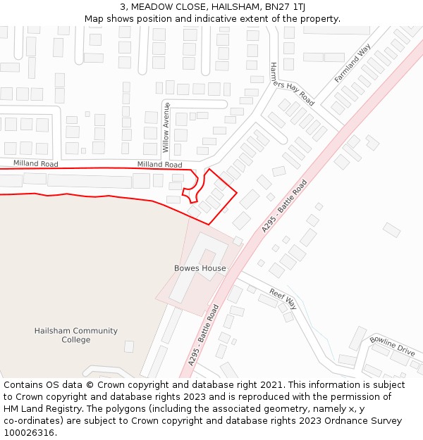 3, MEADOW CLOSE, HAILSHAM, BN27 1TJ: Location map and indicative extent of plot