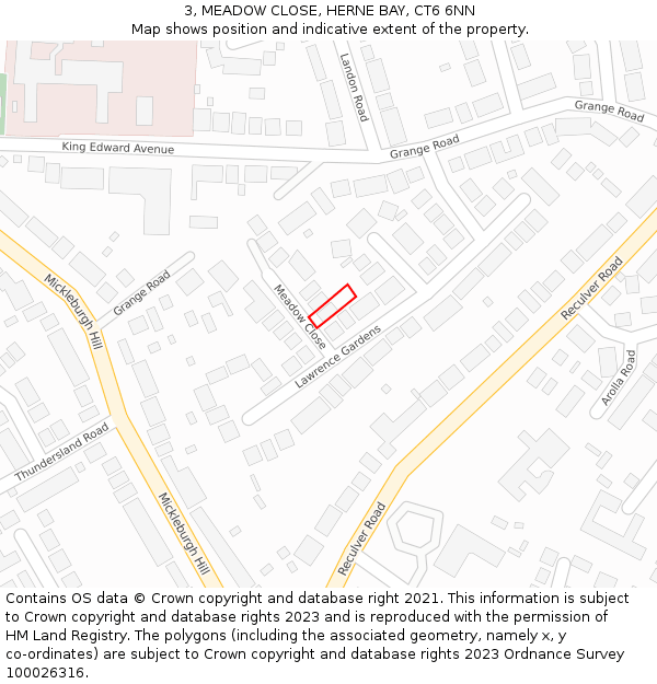 3, MEADOW CLOSE, HERNE BAY, CT6 6NN: Location map and indicative extent of plot