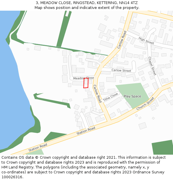 3, MEADOW CLOSE, RINGSTEAD, KETTERING, NN14 4TZ: Location map and indicative extent of plot