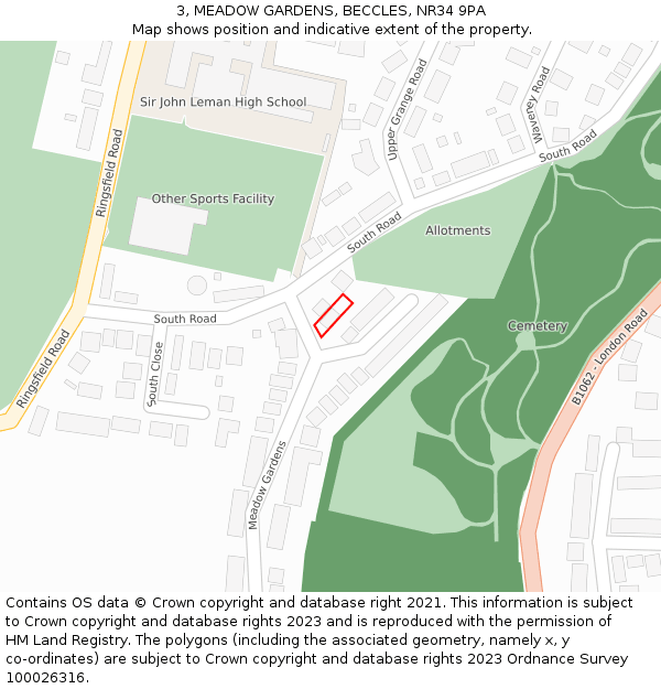 3, MEADOW GARDENS, BECCLES, NR34 9PA: Location map and indicative extent of plot