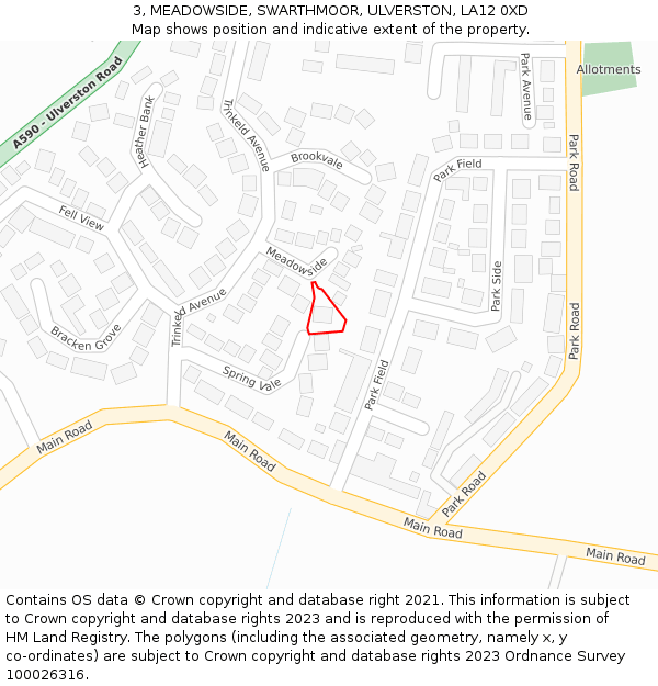 3, MEADOWSIDE, SWARTHMOOR, ULVERSTON, LA12 0XD: Location map and indicative extent of plot