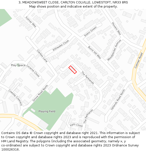 3, MEADOWSWEET CLOSE, CARLTON COLVILLE, LOWESTOFT, NR33 8RS: Location map and indicative extent of plot