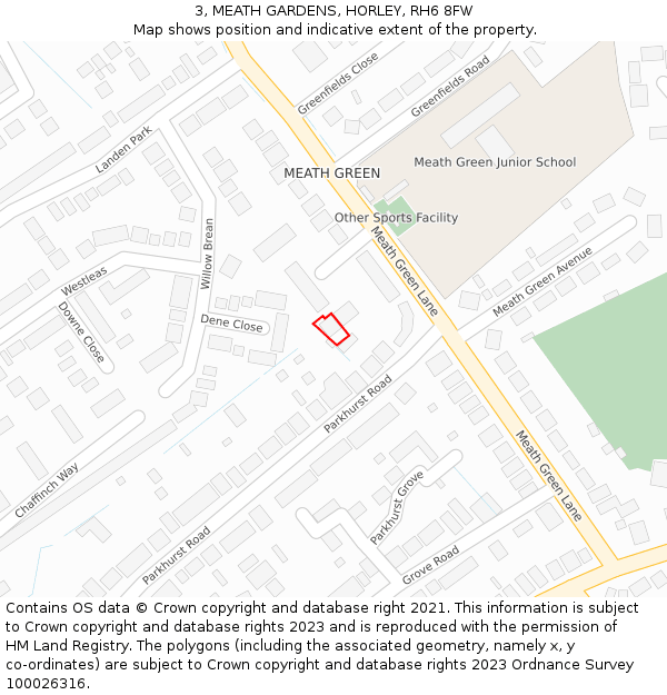 3, MEATH GARDENS, HORLEY, RH6 8FW: Location map and indicative extent of plot