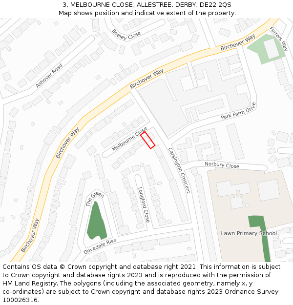 3, MELBOURNE CLOSE, ALLESTREE, DERBY, DE22 2QS: Location map and indicative extent of plot