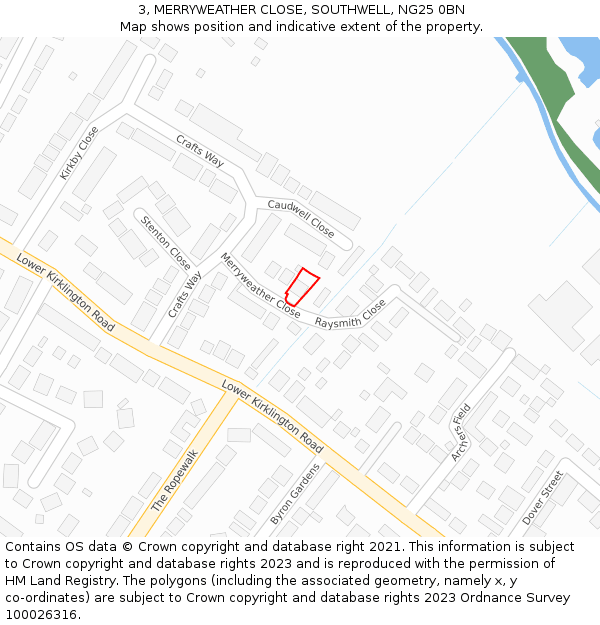 3, MERRYWEATHER CLOSE, SOUTHWELL, NG25 0BN: Location map and indicative extent of plot