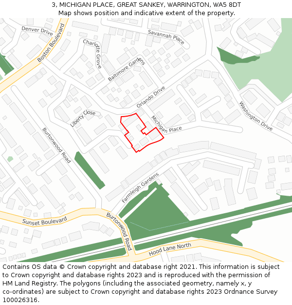 3, MICHIGAN PLACE, GREAT SANKEY, WARRINGTON, WA5 8DT: Location map and indicative extent of plot