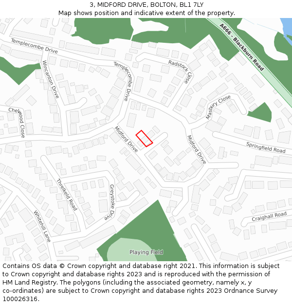 3, MIDFORD DRIVE, BOLTON, BL1 7LY: Location map and indicative extent of plot