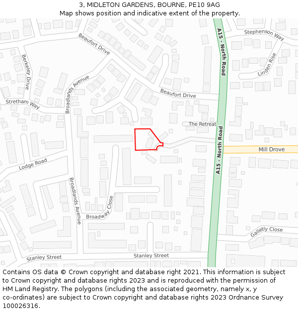 3, MIDLETON GARDENS, BOURNE, PE10 9AG: Location map and indicative extent of plot