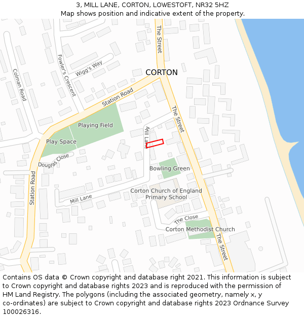 3, MILL LANE, CORTON, LOWESTOFT, NR32 5HZ: Location map and indicative extent of plot