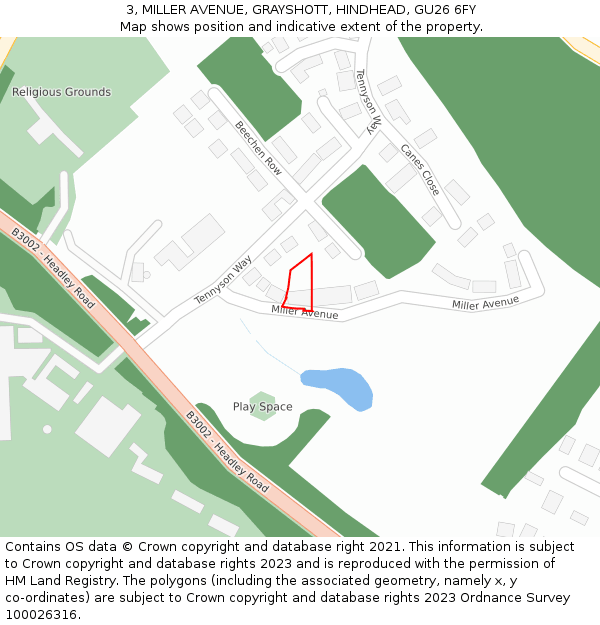 3, MILLER AVENUE, GRAYSHOTT, HINDHEAD, GU26 6FY: Location map and indicative extent of plot