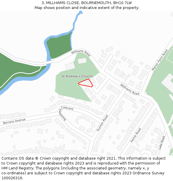 3, MILLHAMS CLOSE, BOURNEMOUTH, BH10 7LW: Location map and indicative extent of plot