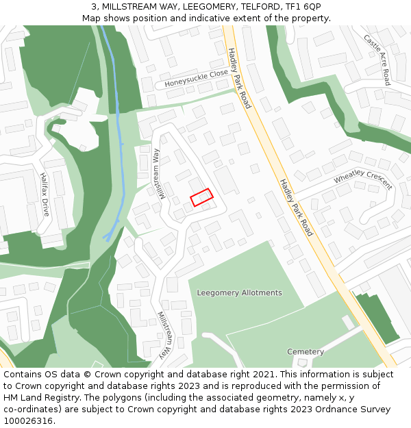 3, MILLSTREAM WAY, LEEGOMERY, TELFORD, TF1 6QP: Location map and indicative extent of plot