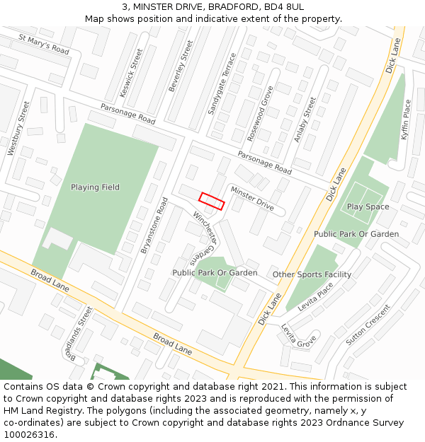 3, MINSTER DRIVE, BRADFORD, BD4 8UL: Location map and indicative extent of plot