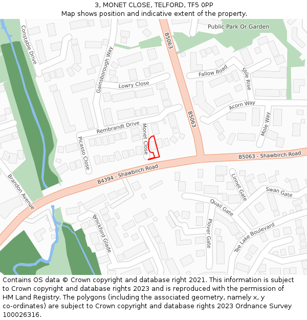 3, MONET CLOSE, TELFORD, TF5 0PP: Location map and indicative extent of plot