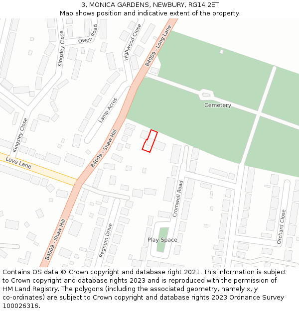 3, MONICA GARDENS, NEWBURY, RG14 2ET: Location map and indicative extent of plot