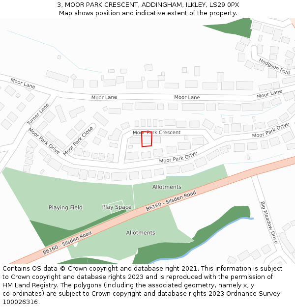 3, MOOR PARK CRESCENT, ADDINGHAM, ILKLEY, LS29 0PX: Location map and indicative extent of plot