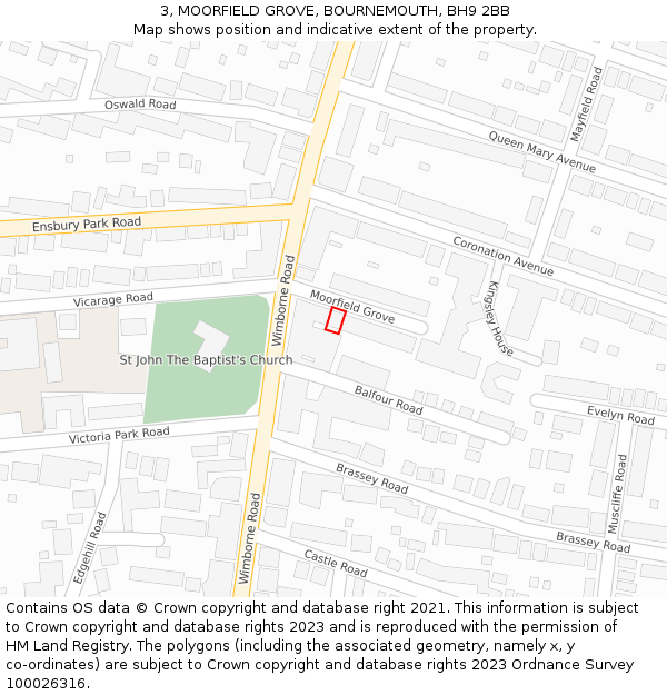 3, MOORFIELD GROVE, BOURNEMOUTH, BH9 2BB: Location map and indicative extent of plot