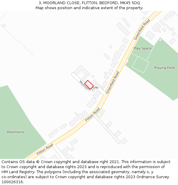 3, MOORLAND CLOSE, FLITTON, BEDFORD, MK45 5DQ: Location map and indicative extent of plot