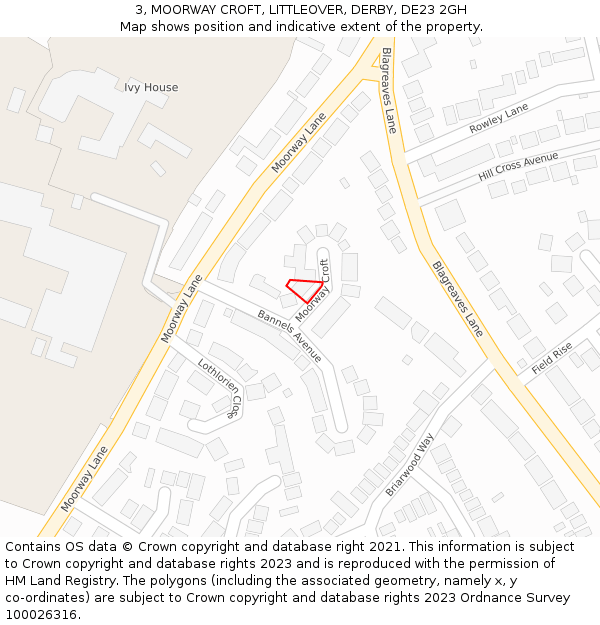 3, MOORWAY CROFT, LITTLEOVER, DERBY, DE23 2GH: Location map and indicative extent of plot
