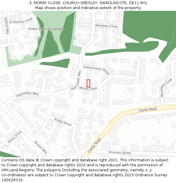 3, MORAY CLOSE, CHURCH GRESLEY, SWADLINCOTE, DE11 9HL: Location map and indicative extent of plot