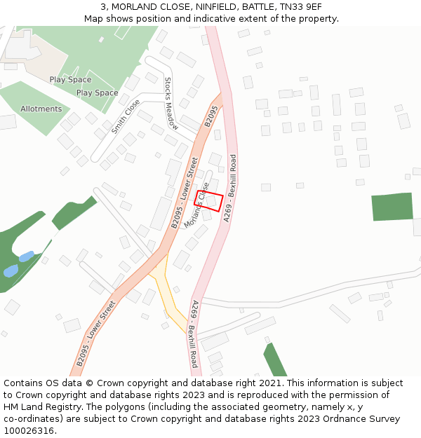 3, MORLAND CLOSE, NINFIELD, BATTLE, TN33 9EF: Location map and indicative extent of plot
