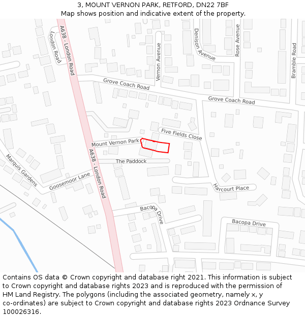 3, MOUNT VERNON PARK, RETFORD, DN22 7BF: Location map and indicative extent of plot