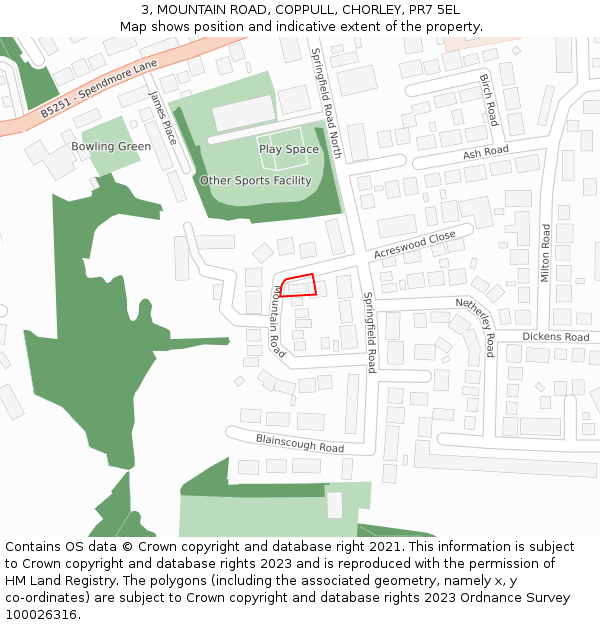 3, MOUNTAIN ROAD, COPPULL, CHORLEY, PR7 5EL: Location map and indicative extent of plot