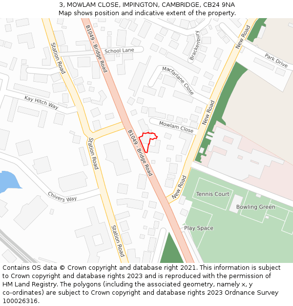 3, MOWLAM CLOSE, IMPINGTON, CAMBRIDGE, CB24 9NA: Location map and indicative extent of plot