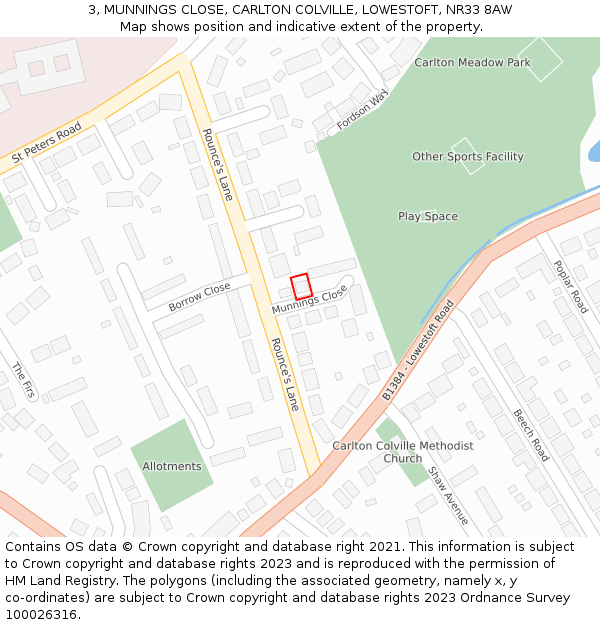 3, MUNNINGS CLOSE, CARLTON COLVILLE, LOWESTOFT, NR33 8AW: Location map and indicative extent of plot