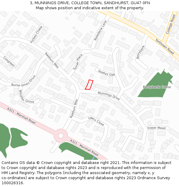 3, MUNNINGS DRIVE, COLLEGE TOWN, SANDHURST, GU47 0FN: Location map and indicative extent of plot