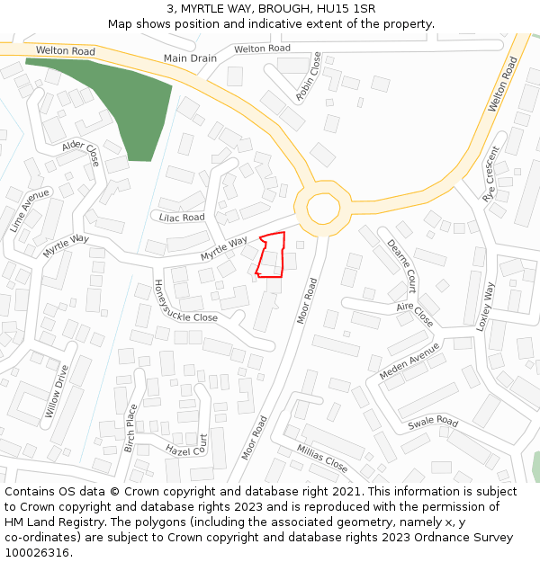 3, MYRTLE WAY, BROUGH, HU15 1SR: Location map and indicative extent of plot