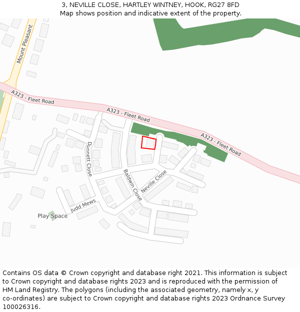 3, NEVILLE CLOSE, HARTLEY WINTNEY, HOOK, RG27 8FD: Location map and indicative extent of plot